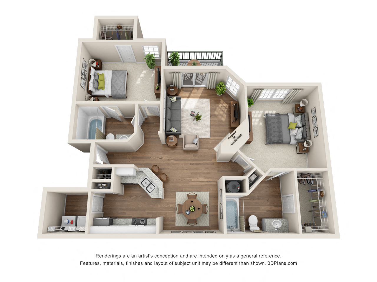 Floor plan for 2 beds, 2 baths, 1089 sqft